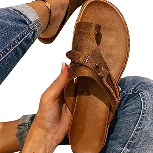 Valink 2022 Sommer Neue Vintage Damen Hausschuhe Schnalle Tanga Sandalen Offene Zehe Strandschuhe,Leder Flip Flops,Sommer Casual Strand Hausschuhe, Braun, 41 EU von Valink