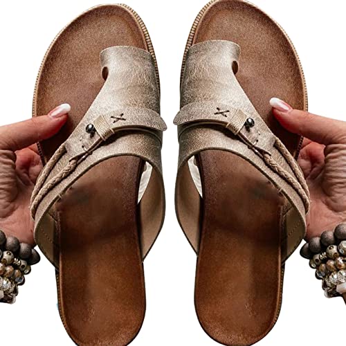 Valink 2022 Sommer Neue Vintage Damen Hausschuhe Schnalle Tanga Sandalen Offene Zehe Strandschuhe,Leder Tanga Flip Flops,Sommer Casual Schnalle Strand Hausschuhe von Valink