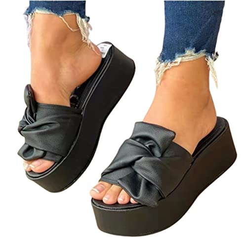 Valink Damen Sommer Keilabsatz Plateau Hausschuhe, lässige Schleife Knoten Slip On Sandalen Plateau Sandalen Flach für Damen Casual Strand Keilabsatz Sandalen Schuhe von Valink