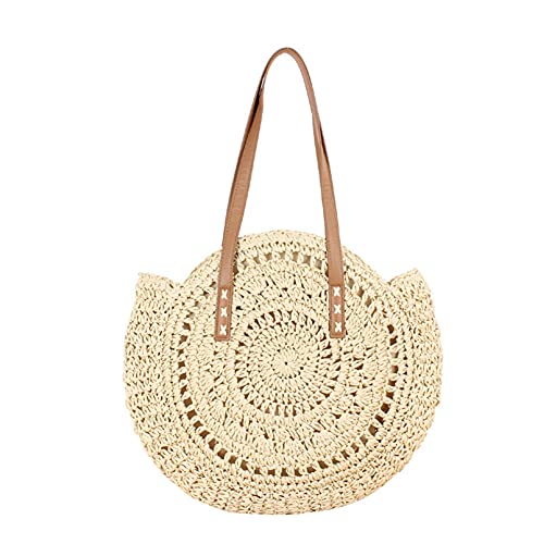 VALINK Gewebte runde Strohtasche für Damen, handgewebte Rattan-Stroh-Umhängetasche, Ledergriffe, gewebte Handtasche mit Reißverschluss, Sommer-Strandtasche von Valink