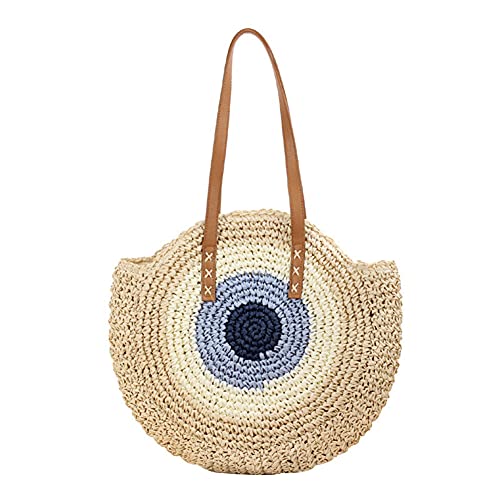 Valink Damen gewebte runde Strohtasche, handgewebte Rattan-Stroh-Umhängetasche, Ledergriffe, gewebte Handtasche mit Reißverschluss, Sommer-Strandtasche von Valink