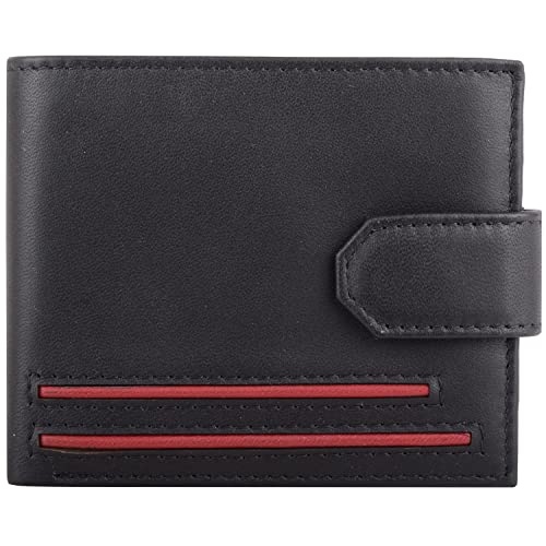 Herren-Geldbörse aus echtem weichem Leder, RFID-Doppelfaltung, mit Kontrastfutter, Schwarz/Red, Einheitsgröße von Valita