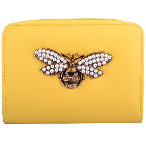 Valita Damen-Geldbörse aus weichem PU, mittelgroß, zweifach faltbar, RFID-Geldbörse mit Bienenmotiv – Gelb von Valita