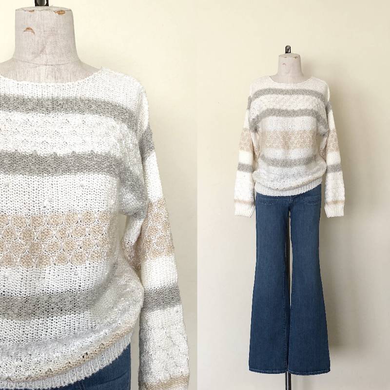 Ausgefallener Pullover Vintage 90Er Jahre Creme Perlen Verziert Gestreift Offen Sheer Strick - M von ValleyGirlPhx