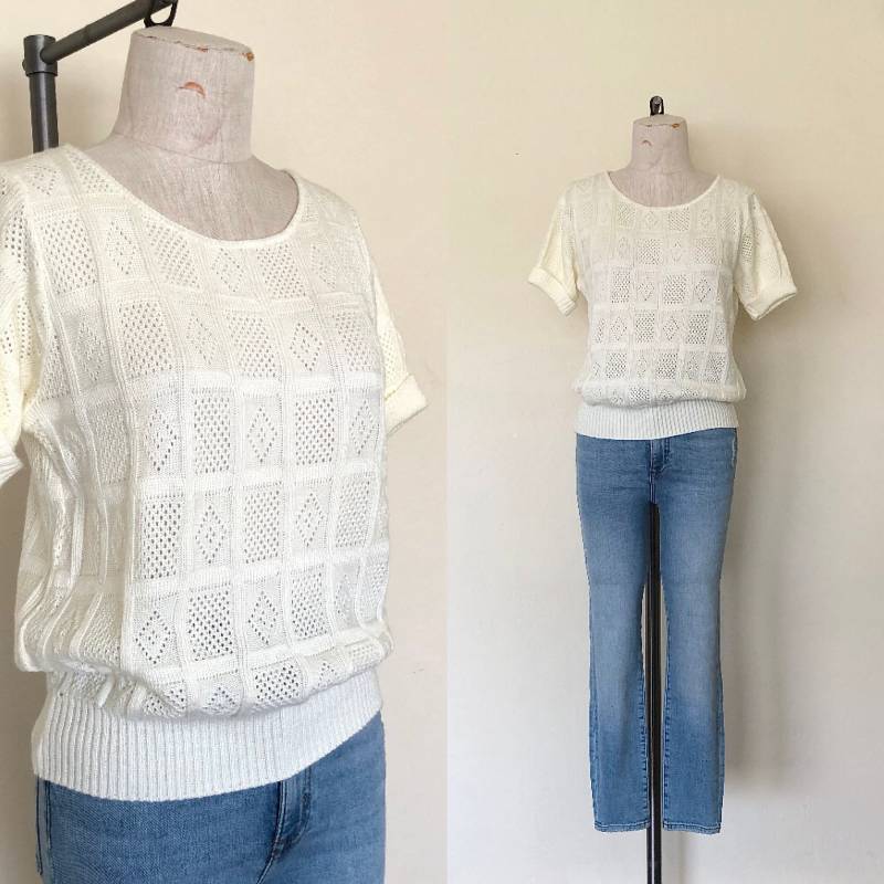 Schiere Pulli Top Vintage 80Er Jahre Creme Kurzarm Pointelle Strick - S/M von ValleyGirlPhx