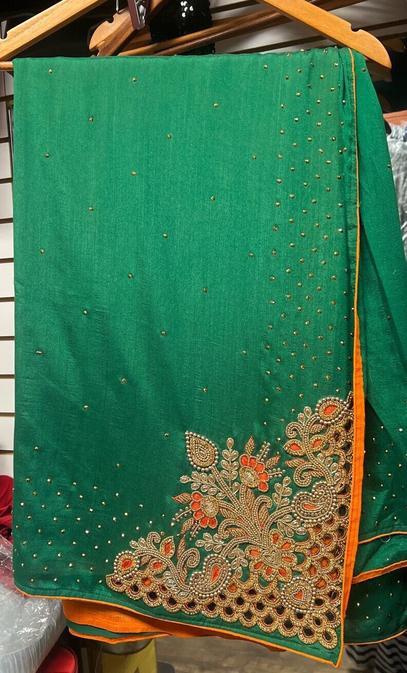 Gold Steinarbeit Schliffarbeit Sari Grün Und Orange von ValleySilks