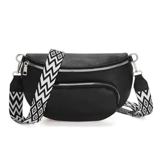 Valleycomfy Damen Bauchtasche Crossbody Bag Umhängetasche mit Reißverschluss, Gürteltasche mit Verstellbar Abnehmbar Breitem Gurt (Schwarz) von Valleycomfy