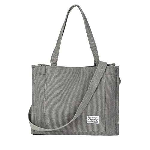 Vintage Casual Cord Tote Bags Frauen Hobo Crossbody Bag Geldbörse für Frauen Reise Schultertaschen Handtaschen Eco Bag, Grau, Large von Valleycomfy
