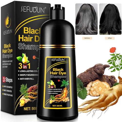 Natürliches Schwarzes Haarfärbeshampoo, 3 in 1 Black Hair Shampoo Sofort Haarfarben Shampoo für Graues Haar, 100% Grauabdeckung Haarfärbe Shampoo für Frauen und Männer – Hält 30 Tage, 500ml von Valleylux