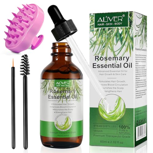 Rosmarinöl Haare Rosemary Oil for Hair, Rosmarin Haaröl mit Kopfhautmassagegerät, 100% Naturrein Bio Rosmarinöl für Haarwachstum, Körpermassage, Rosmarin Ätherisches Öle für Männer Frauen 60ml von Valleylux