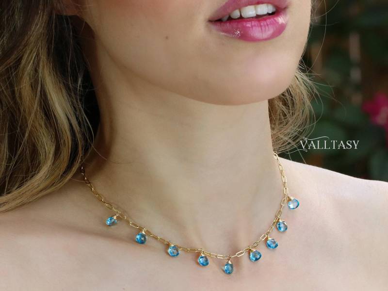 Schweizer Blautopas Kette 14K Gold Paperclip Kette, Edelstein Brautschmuck von Valltasy