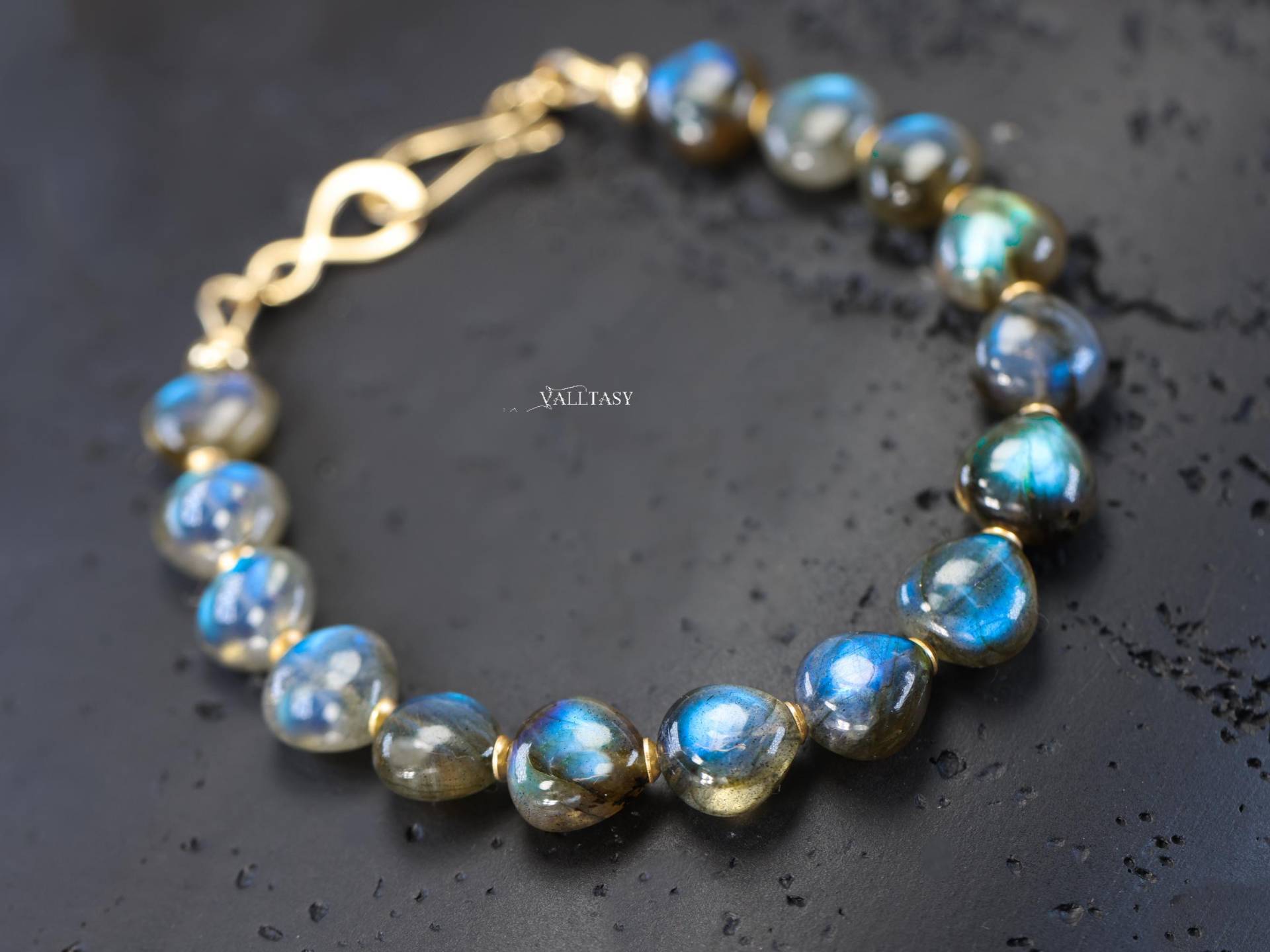 14K Gold Labradorit Armband, Handgemachte Perlen Edelstein Armband von Valltasy