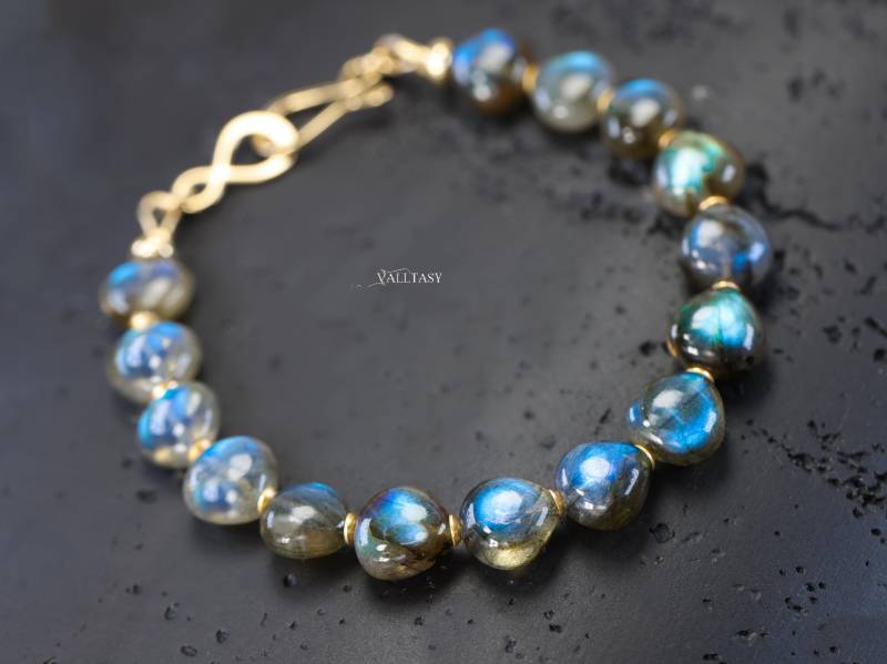14K Gold Labradorit Armband, Handgemachte Perlen Edelstein Armband von Valltasy