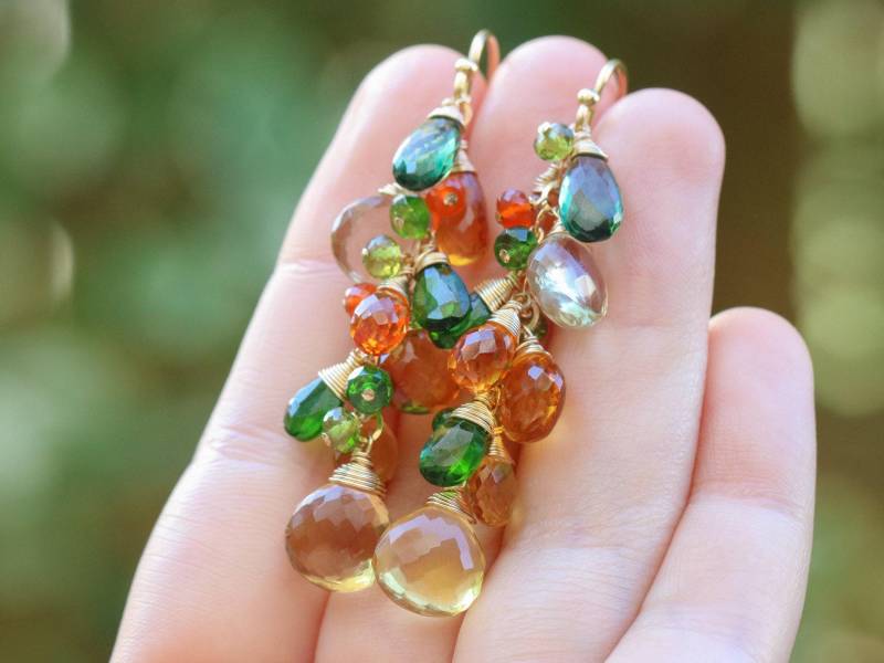 Gold Filled Edelstein Tropfen Ohrringe, Herbst Farben Cluster Kaskade von Valltasy