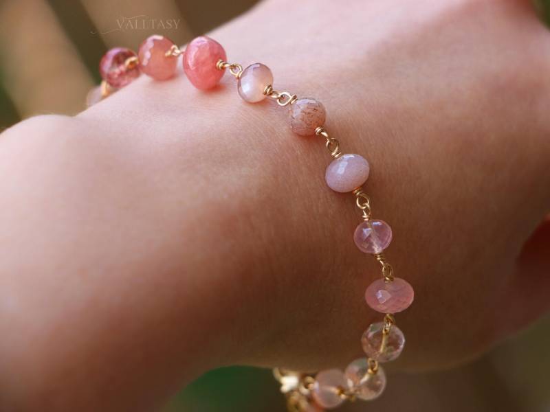 14K Massivgold Edelstein Armband Rhodochrosit, Mondstein, Morganit von Valltasy
