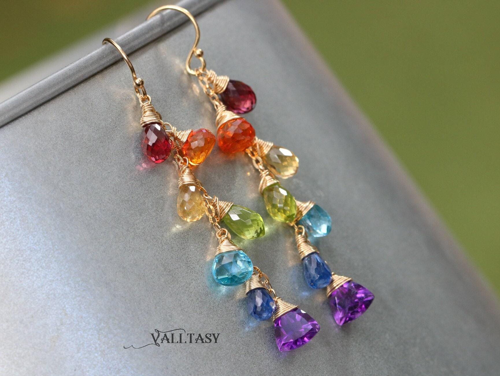 Regenbogen Ohrringe Tropfen Edelstein Multi Gold Bunte 14K Baumeln Solid Gold von Valltasy