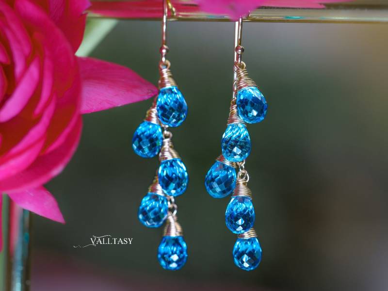 14K Solid Gold Schweizer Blautopas Tropfen Ohrringe von Valltasy