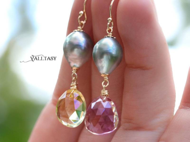 14K Solid Gold Tahiti Perlen Ohrringe, Ametrin & Zitronenquarz von Valltasy