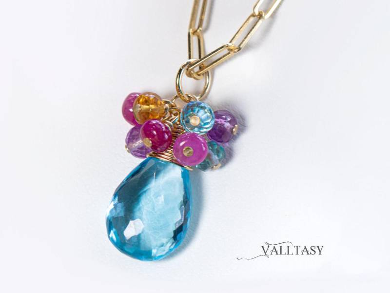 14K Gold Blautopas Anhänger, Multi Edelstein Anhänger von Valltasy