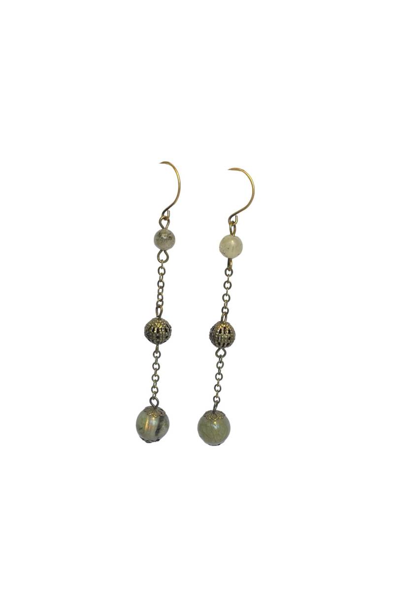 Labradorit Dreifach Perlenbesetzte Tropfen-Pendelohrringe An Antik-Messing-Kette von ValsHandmadeImports
