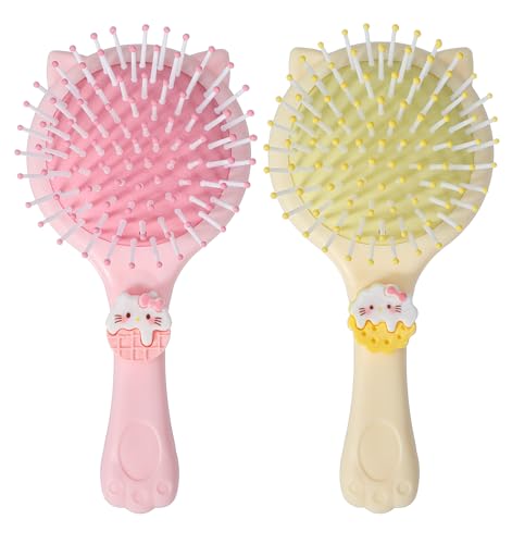 2 Stück Kinderhaarbürste, Haarbürste Kinder Kätzchenmuster Sanft Entwirrend Weiche Borsten, Reise Detangler Bürste für Nasses und Trockenes Haar, Ohne Ziepen (Gelb und Rosa) von ValueBargain