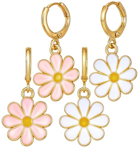 2Paar Ohrringe Blumen, Gänseblümchen Ohrringe mit Niedliches Gänseblümchen-Design, Gänseblümchen Tropfenohrringe Für Frauen, Weiß & Rosa von ValueBargain