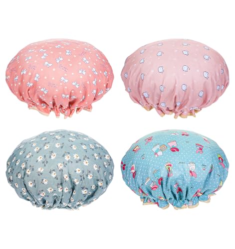 4 Stück Duschhaube Kinder, Duschhaube Damen, Wasserdicht & Atmungsaktiv, Vier süße Muster Elastische Badekappe, Wiederverwendbare Duschhaube Kinder und Erwachsene, Dusche/Spa/Haarpflege von ValueBargain