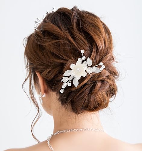 Braut-Haarspangen, 2 Stück Blumenmädchen-Haarspangen mit Perlen und Silberblatt-Ranke, weiße Haar-Accessoires, Hochzeits-Haarspange, Blumen-Haarspangen mit Strass für Mädchen, Haarspangen für Hochzeit von ValueBargain