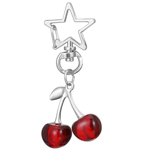 Cherry Schlüsselanhänger, 7,9 cm, niedlicher Mini-Kirsch-Schlüsselanhänger, Silber mit Metall-Sternschloss, Sicherheitsschlüsselring und Y2K-Design für Frauen, Mädchen, Autoschlüssel, Geldbörse und von ValueBargain