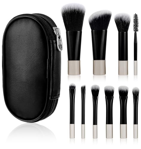 Mini-Make-up-Pinsel-Set für unterwegs, tragbar, mit schwarzer Stofftasche für Lidschatten, Lippenstift, Foundation, Ausbesserung, 10 Stück, Schwarz von ValueBargain