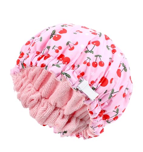 Duschhauben Rosa Kirschmuster, Shower Cap Women Wiederverwendbare Elastische Wasserdichte Badehaube mit Frotteefutter für Mittellanges Haar, Spa Salon von ValueBargain