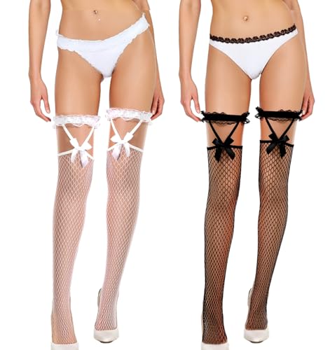 ValueBargain 2 Paar Strapsstrümpfe Große Größen, Strapsen Strümpfe Damen Oberschenkelhohe Halterlose mit Spitzenoberteil & Schleifen, Elegante Netzstrümpfe für Frauen von ValueBargain