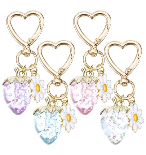 ValueBargain 4er Set Schlüsselanhänger Erdbeeren, Erdbeer Schlüsselanhänger mit Herz- und Gänseblümchen-Anhänger Niedliches Geschenk für Frauen Mädchen Handtasche Deko Charme von ValueBargain
