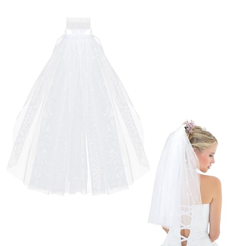 Schleier Jga, Schleier Braut mit Perlenverzierung Inspiriert vom Viktorianischen Brautstil, Braut Veil Stilvoll und elegant Weißer Transparenter Stoff mit Kamm für Junggesellinnenabschied von ValueBargain