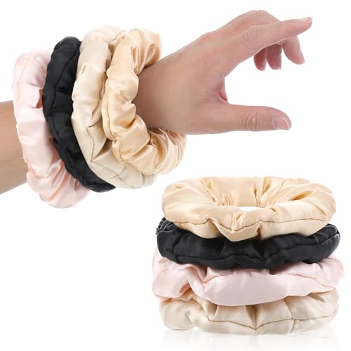 ValueBargain Große Satin-Haargummis, 4 Stück, Jumbo-Kissen-Haargummis für dicke Locken und Pferdeschwanz-Halter, geeignet für Frauen und Mädchen, sanft zum Haar von ValueBargain