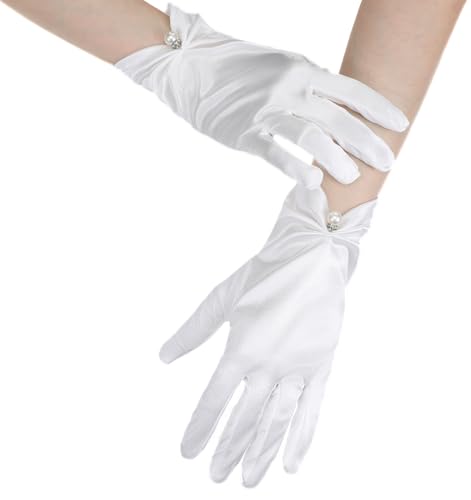 ValueBargain Weiße Handschuhe, Handschuhe Weiß Damen Kurze Satinhandschuhe, Atmungsaktive Brauthandschuhe für Hochzeit & Formale Anlässe, Perlendekoration am Handgelenk von ValueBargain