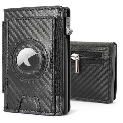 Airtag Portmonee Herren – Slim Smart Wallet mit Münzfach & RFID-Schutz, Kleine Geldbörse aus Leder mit Magnetverschluss, Kartenetui für 7 Kreditkarten und Ausweise, Wallets for Men – Schwarz Carbon von Valveric