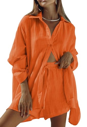 VamJump Damen 2 Stück Outfits Casual Langarm Button Down Shirt und Shorts Trainingsanzug Passende Sets, Orange/Abendrot im Zickzackmuster (Sunset Chevron), XL von VamJump