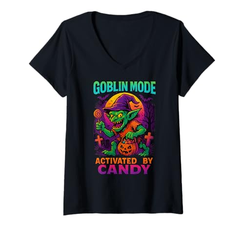 Damen Halloween-Süßigkeiten-Kobold T-Shirt mit V-Ausschnitt Damen Halloween-Süßigkeiten-Kobold T-Shirt mit V-Ausschnitt von Vamanos Halloween Designs