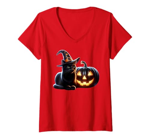 Damen Hexene Schwarze Katze Halloween T-Shirt mit V-Ausschnitt Damen Hexene Schwarze Katze Halloween T-Shirt mit V-Ausschnitt von Vamanos Halloween Designs