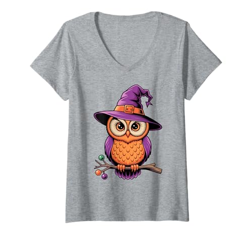 Damen Verspielte Eulenhexe Halloween T-Shirt mit V-Ausschnitt Damen Verspielte Eulenhexe Halloween T-Shirt mit V-Ausschnitt von Vamanos Halloween Designs