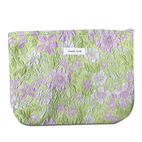 Vamillkra Reise-Kosmetiktasche, florale große Kapazität, Make-up-Tasche, tragbarer Kulturbeutel, Organizer, Hautpflege-Aufbewahrungstasche, niedliches Make-Up-Reißverschlussbeutel, R - Grün Lila Blume von Vamillkra