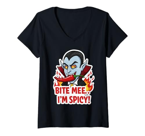 Damen Spicy Vampire Halloween Lustig Bite Mee .. Grafik -Cartoon T-Shirt mit V-Ausschnitt von Vamp Spice Wear Co.