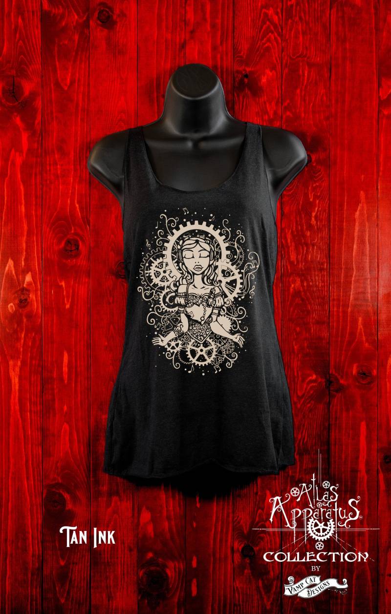 Musik Punk-Tank Top-Racer Zurück-steampunk Bekleidung-Illustration-Kunst T-Shirt-Musik-steampunk Kunst-Musik-Liebhaber-Musik Shirt-Flowy Tank-Frauen von VampCatDesigns