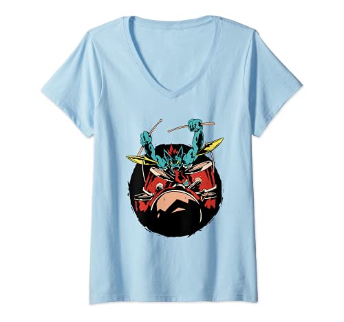 Damen Vampir Drum Player Musiker Monster Musikinstrument T-Shirt mit V-Ausschnitt von Vampire Drum Music Instrument