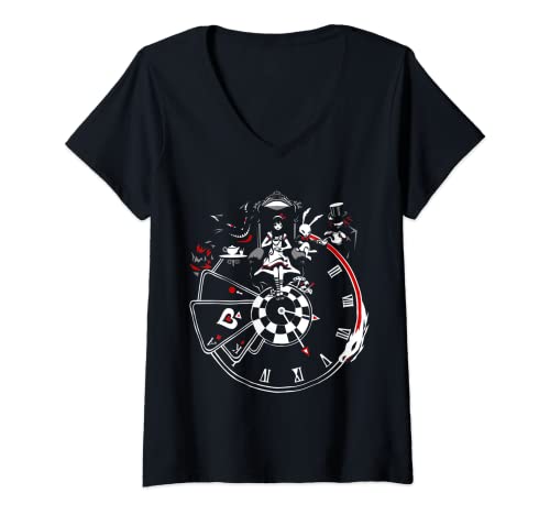 Damen VampireFreaks Wanduhr Alice im Wunderland T-Shirt mit V-Ausschnitt von VampireFreaks