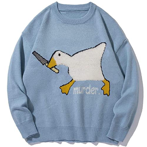 Vamtac Herren Strickpullover Vintage Oversize Cute Murder Goose Graphic Strickpullover Langarm Rundhals Strickpullover Uni Pullover, Blau, Mittel von Vamtac