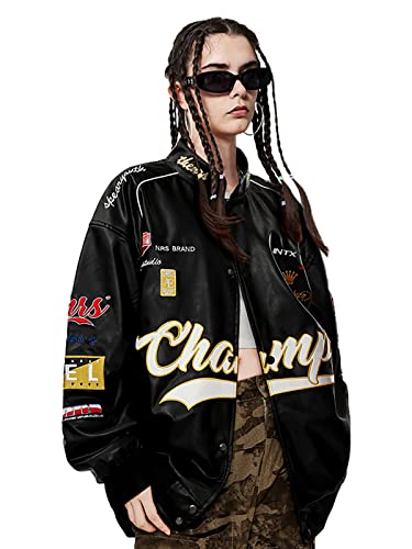 Vamtac Vintage Herren-Motorrad-Bomberjacke mit Grafik, lässig, locker, Hip-Hop, Letterman, Streetwear, Uniformen, 34 schwarz, XL von Vamtac