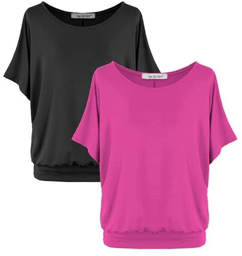 Van Der Rich ® - (2 Stück Tshirt Tops Oberteile Kurzarm Bluse - Damen (NFuchsia, L) von Van Der Rich