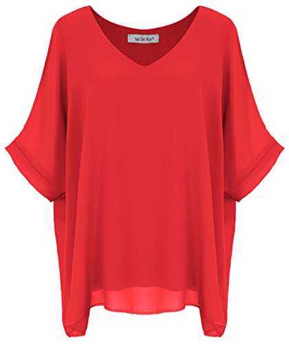 Van Der Rich ® - Bluse Locker aus Voile Chiffon V-Ausschnitt mit Innenfutter - Damen (Rot, M-L) von Van Der Rich